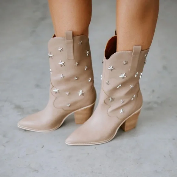Ccocci Star Studded Western Booties Size 7 Taupe Pull On Pointed Toe Block Heel - Picture 1 of 13